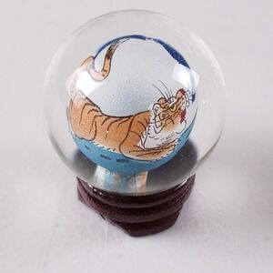 Vintage Chinese Hand Painted Tiger Glass Orb Sphere with Wood Stand and Box